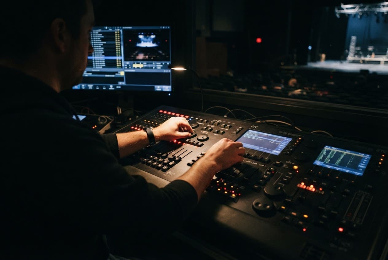 Operator running a lighting console beside a live stage